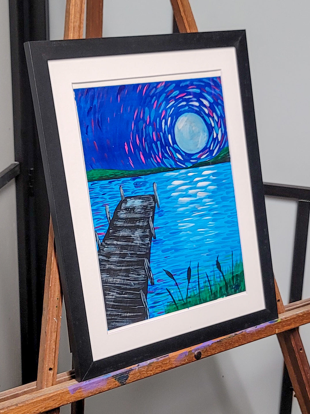 Bright Moonlit Pier - 9 x 12 in acrylic painting