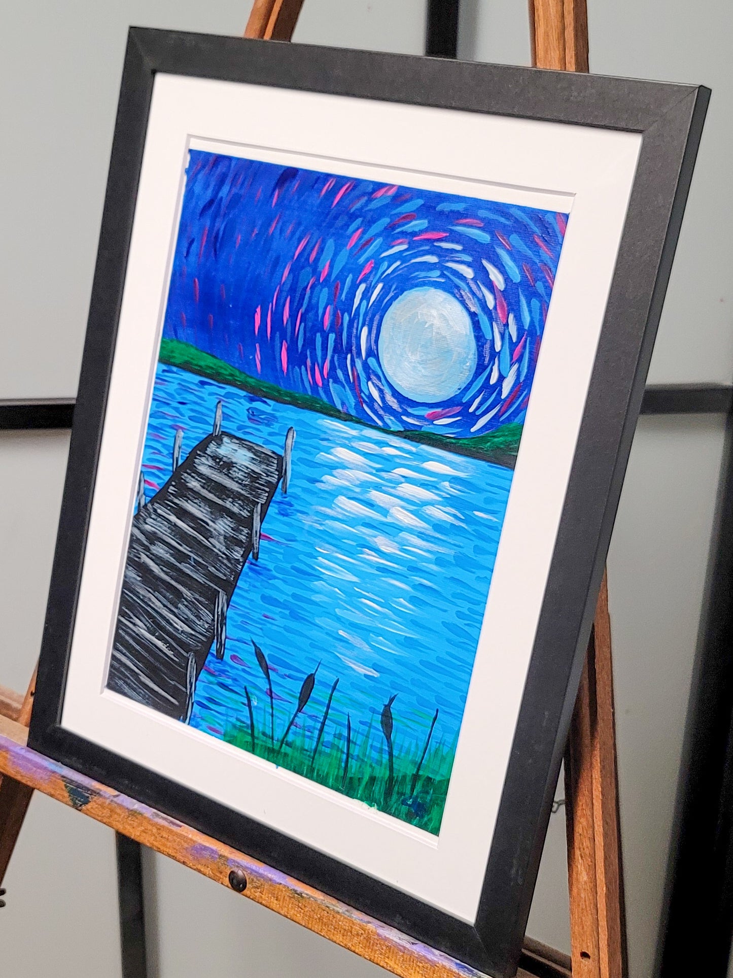 Bright Moonlit Pier - 9 x 12 in acrylic painting